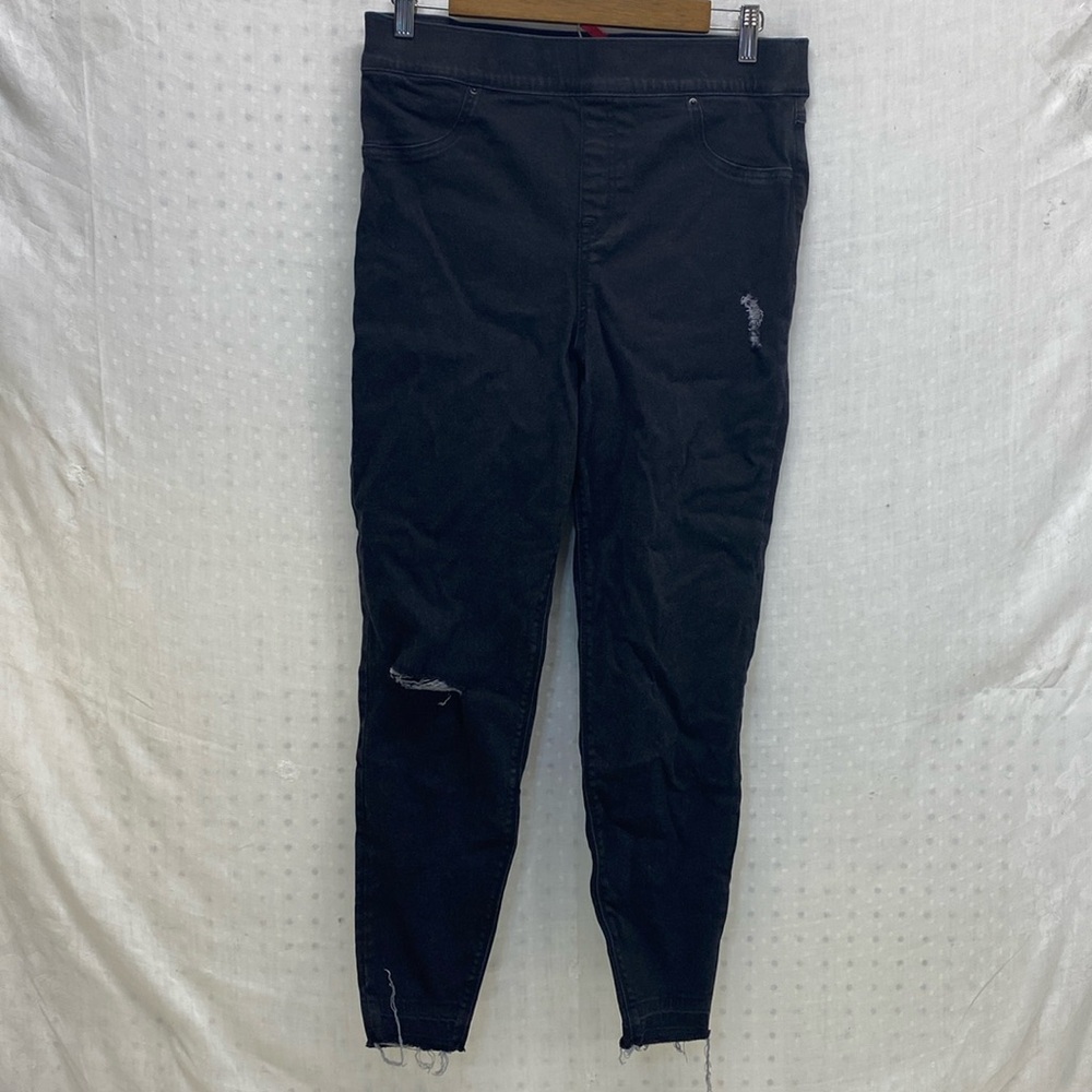 Spanx XL Jeggings Stretchy Pull On Skinny‎ Jeans Washed Black Distressed Frayed